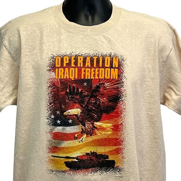 Vintage Y2Ks Operation Iraqi Freedom T Shirt Iraq War Military USA Beige L Large - Picture 1 of 6